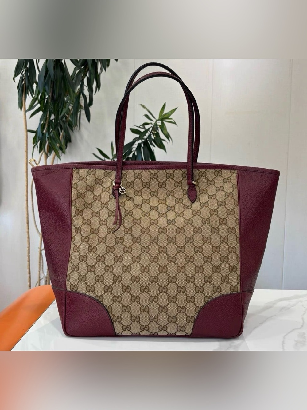 Gucci Beige GG Canvas Tote with Burgundy Leather Trim